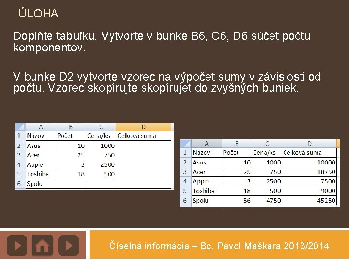 ÚLOHA Doplňte tabuľku. Vytvorte v bunke B 6, C 6, D 6 súčet počtu