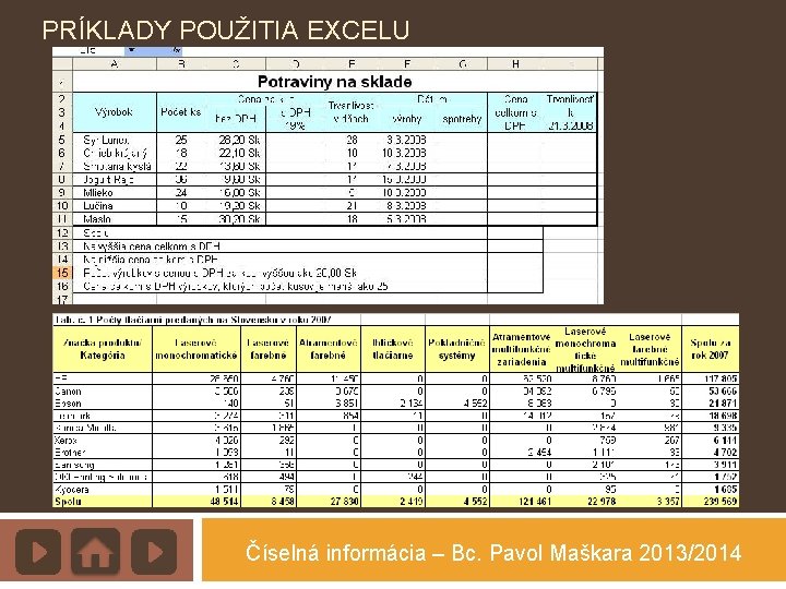 PRÍKLADY POUŽITIA EXCELU Číselná informácia – Bc. Pavol Maškara 2013/2014 