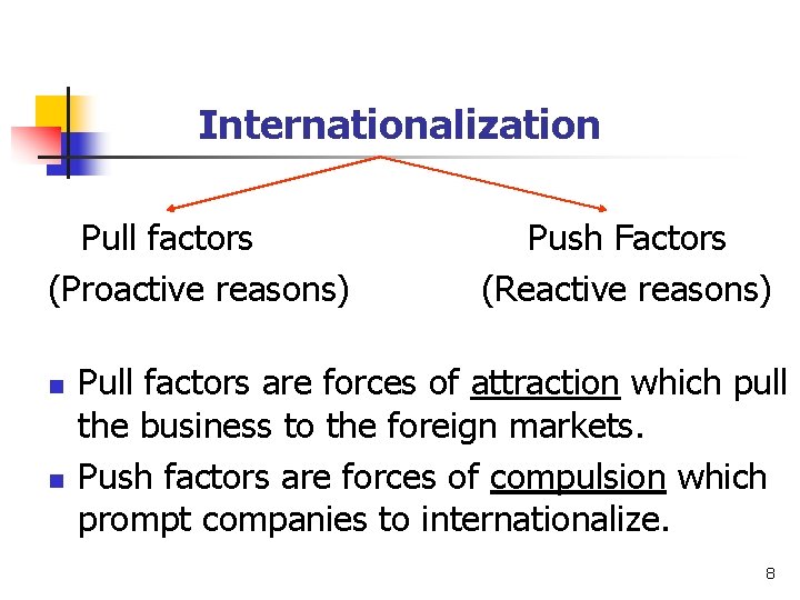 Internationalization Pull factors (Proactive reasons) n n Push Factors (Reactive reasons) Pull factors are
