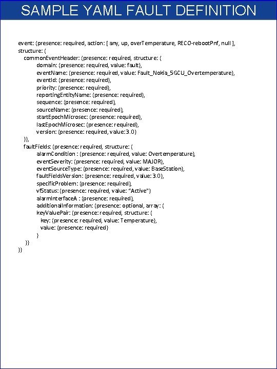 SAMPLE YAML FAULT DEFINITION event: {presence: required, action: [ any, up, over. Temperature, RECO-reboot.
