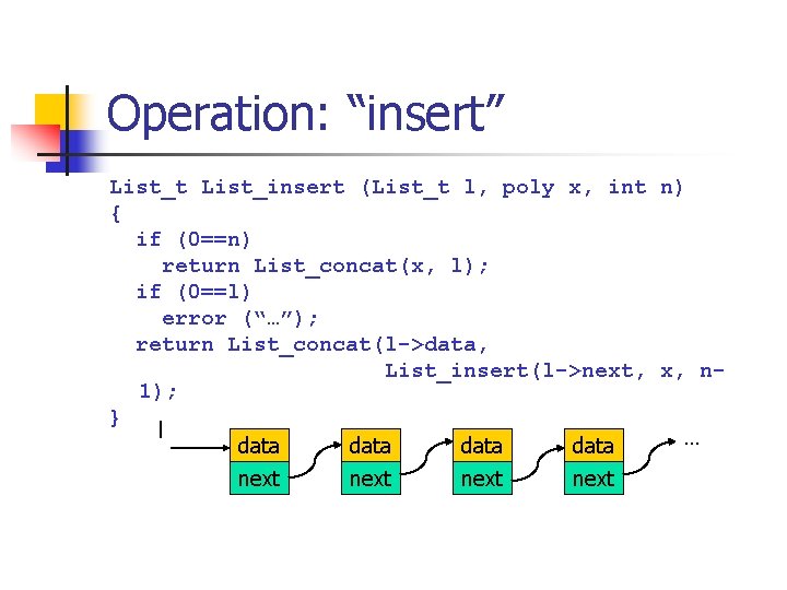 Operation: “insert” List_t List_insert (List_t l, poly x, int n) { if (0==n) return