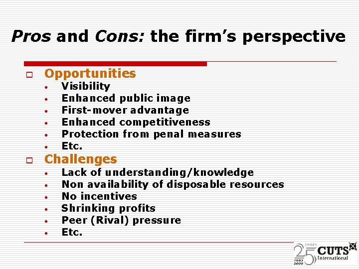 Pros and Cons: the firm’s perspective o Opportunities • • • o Visibility Enhanced
