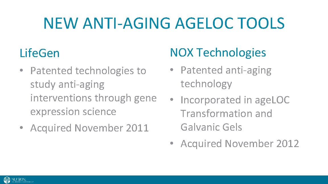 NEW ANTI-AGING AGELOC TOOLS Life. Gen NOX Technologies • Patented technologies to study anti-aging