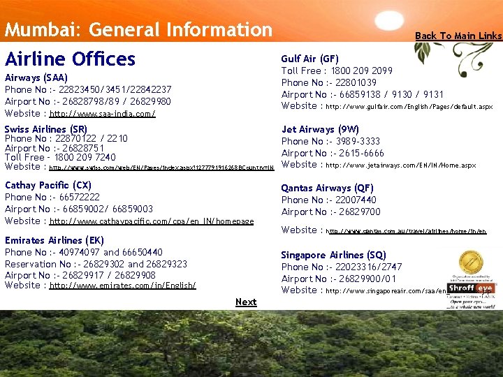 Mumbai: General Information Airline Offices Airways (SAA) Phone No : - 22823450/3451/22842237 Airport No