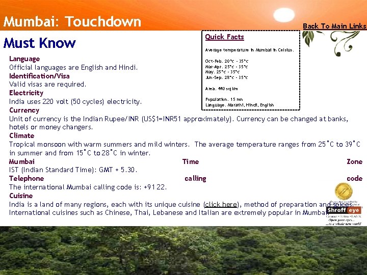 Mumbai: Touchdown Must Know Back To Main Links Quick Facts Average temperature in Mumbai