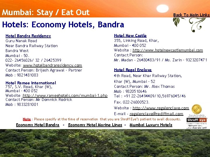 Mumbai: Stay / Eat Out Hotels: Economy Hotels, Bandra Hotel Bandra Residency Guru Nanak