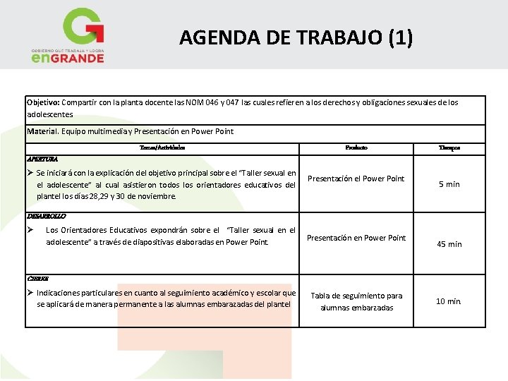 AGENDA DE TRABAJO (1) Objetivo: Compartir con la planta docente las NOM 046 y