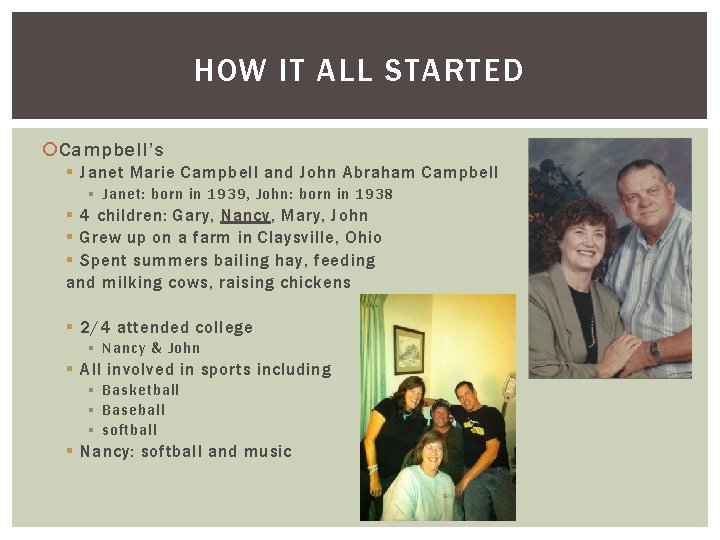 HOW IT ALL STARTED Campbell’s § Janet Marie Campbell and John Abraham Campbell §