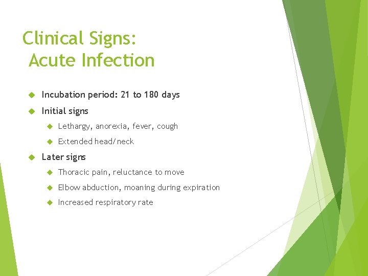 Clinical Signs: Acute Infection Incubation period: 21 to 180 days Initial signs Lethargy, anorexia,