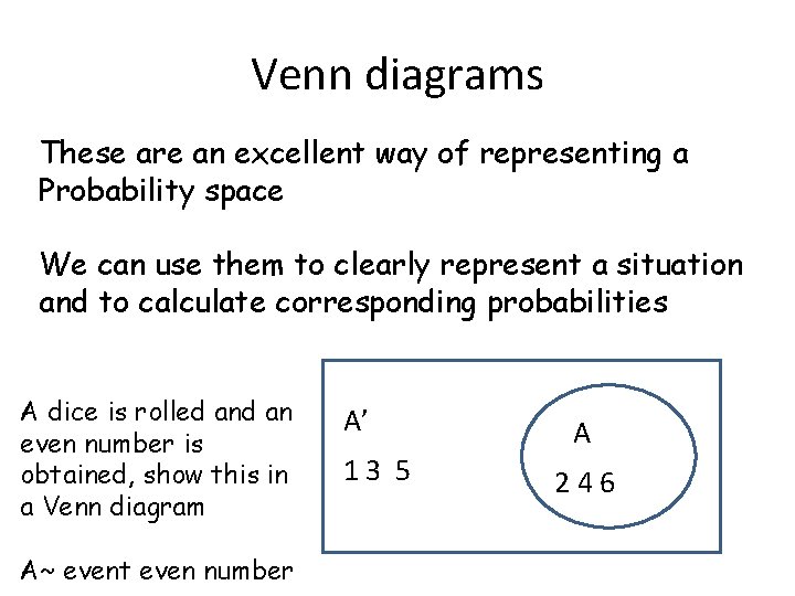 Venn diagrams These are an excellent way of representing a Probability space We can