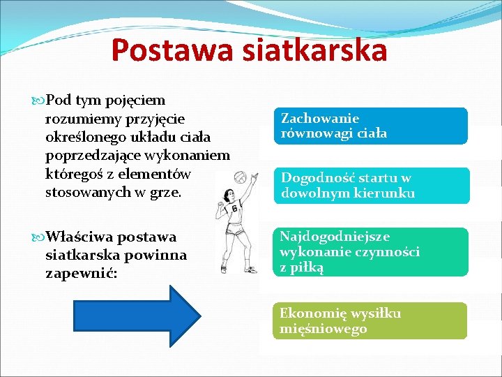 Postawa siatkarska Pod tym pojęciem rozumiemy przyjęcie określonego układu ciała poprzedzające wykonaniem któregoś z