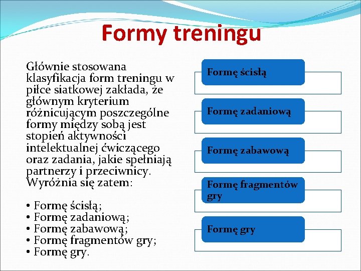 Formy treningu Głównie stosowana klasyfikacja form treningu w piłce siatkowej zakłada, że głównym kryterium