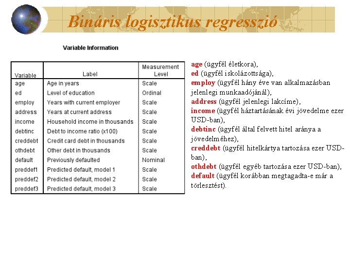 Bináris logisztikus regresszió age (ügyfél életkora), ed (ügyfél iskolázottsága), employ (ügyfél hány éve van