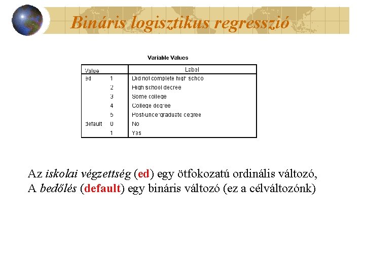 Bináris logisztikus regresszió Az iskolai végzettség (ed) egy ötfokozatú ordinális változó, A bedőlés (default)