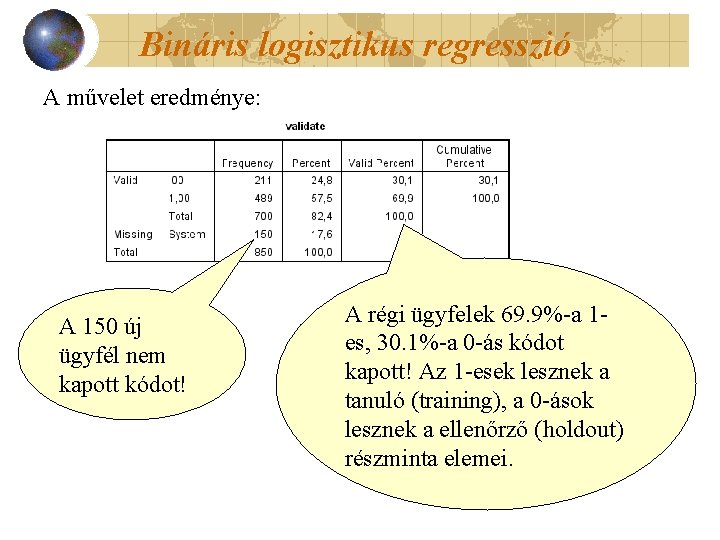 Bináris logisztikus regresszió A művelet eredménye: A 150 új ügyfél nem kapott kódot! A