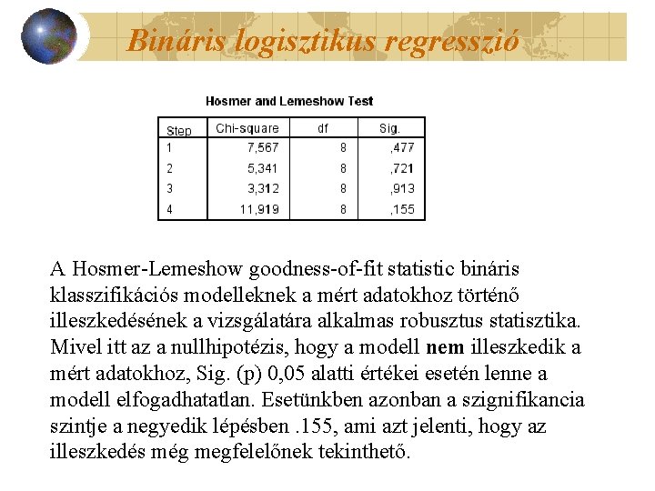 Bináris logisztikus regresszió A Hosmer-Lemeshow goodness-of-fit statistic bináris klasszifikációs modelleknek a mért adatokhoz történő