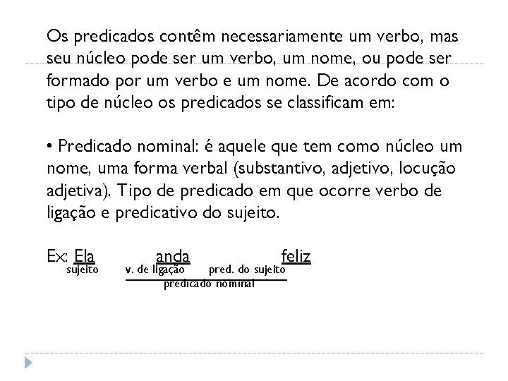 Os predicados contêm necessariamente um verbo, mas seu núcleo pode ser um verbo, um