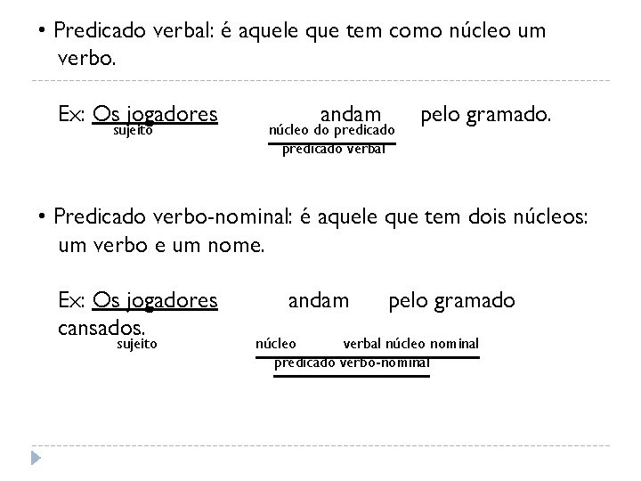 • Predicado verbal: é aquele que tem como núcleo um verbo. Ex: Os