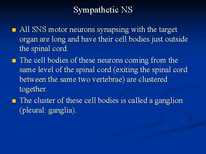 Sympathetic NS n n n All SNS motor neurons synapsing with the target organ