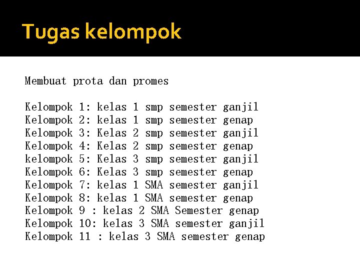 Tugas kelompok Membuat prota dan promes Kelompok kelompok Kelompok Kelompok 1: kelas 1 smp