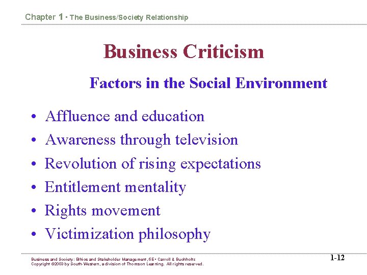 Chapter 1 • The Business/Society Relationship Business Criticism Factors in the Social Environment •