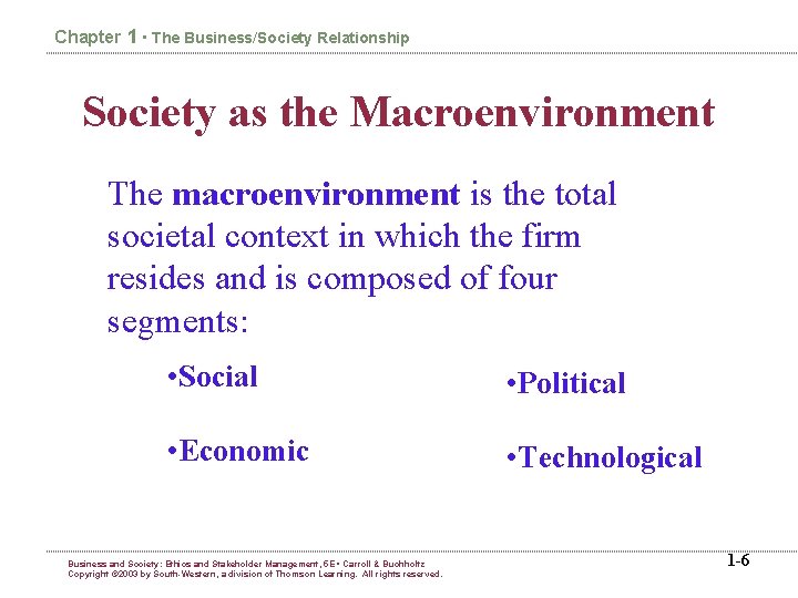 Chapter 1 • The Business/Society Relationship Society as the Macroenvironment The macroenvironment is the