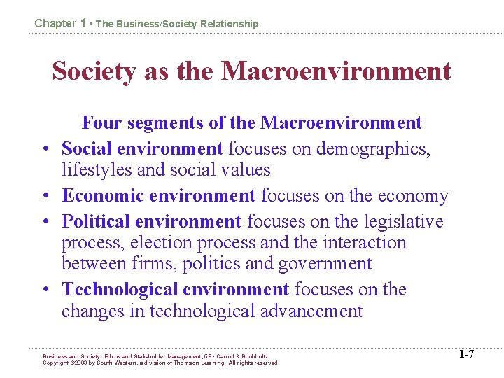Chapter 1 • The Business/Society Relationship Society as the Macroenvironment • • Four segments