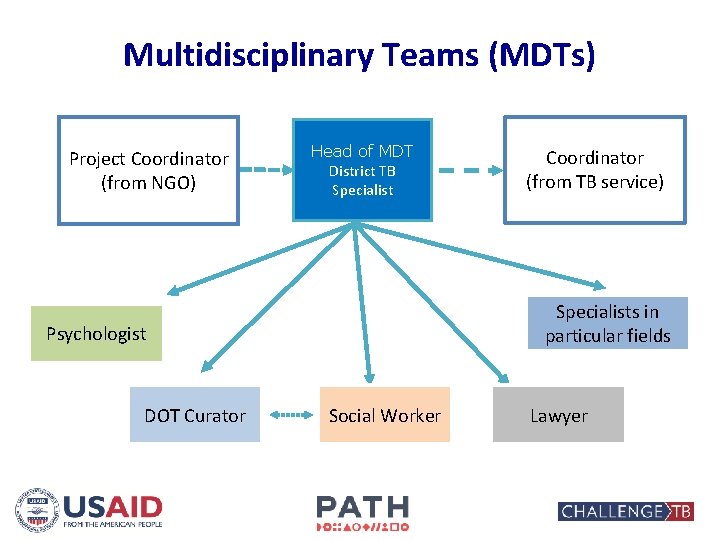 Multidisciplinary Teams (MDTs) Project Coordinator (from NGO) Head of MDT District TB Specialists in