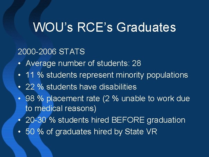 WOU’s RCE’s Graduates 2000 -2006 STATS • Average number of students: 28 • 11