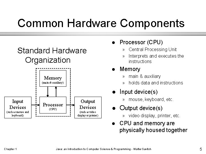 Common Hardware Components l Standard Hardware Organization » Central Processing Unit » Interprets and