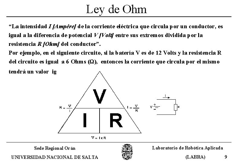 Ley de Ohm “La intensidad I [Ampére] de la corriente eléctrica que circula por