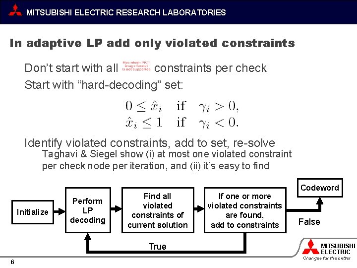 MITSUBISHI ELECTRIC RESEARCH LABORATORIES In adaptive LP add only violated constraints Don’t start with