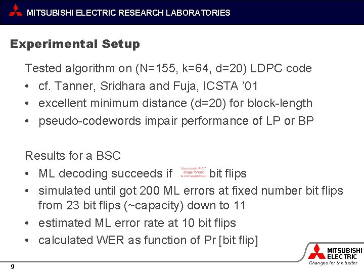 MITSUBISHI ELECTRIC RESEARCH LABORATORIES Experimental Setup Tested algorithm on (N=155, k=64, d=20) LDPC code