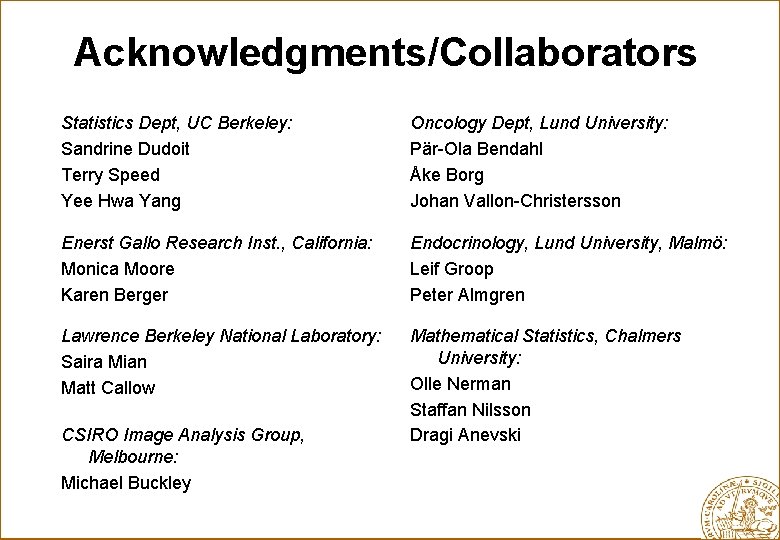 Acknowledgments/Collaborators Statistics Dept, UC Berkeley: Sandrine Dudoit Terry Speed Yee Hwa Yang Oncology Dept,
