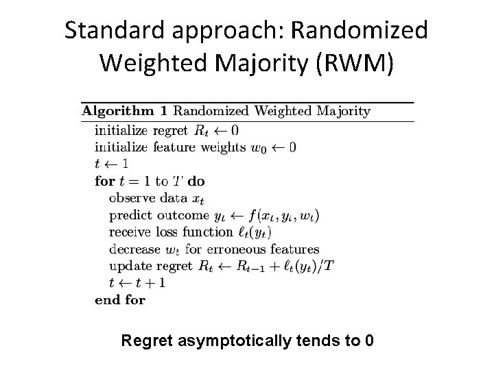 Standard approach: Randomized Weighted Majority (RWM) Regret asymptotically tends to 0 