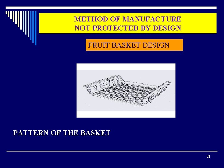 METHOD OF MANUFACTURE NOT PROTECTED BY DESIGN FRUIT BASKET DESIGN PATTERN OF THE BASKET