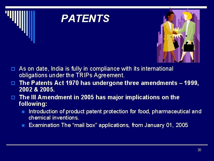 PATENTS o As on date, India is fully in compliance with its international obligations