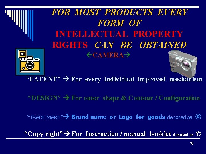 FOR MOST PRODUCTS EVERY FORM OF INTELLECTUAL PROPERTY RIGHTS CAN BE OBTAINED CAMERA “PATENT”