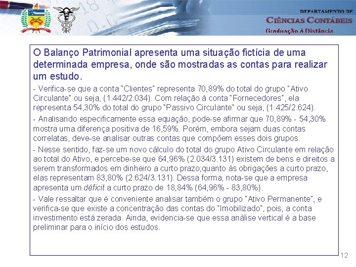 O Balanço Patrimonial apresenta uma situação fictícia de uma determinada empresa, onde são mostradas