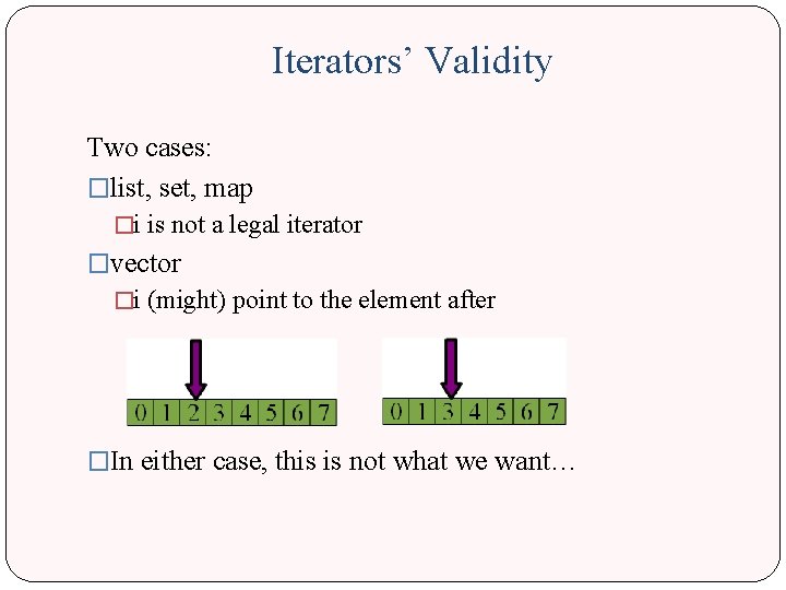 Iterators’ Validity Two cases: �list, set, map �i is not a legal iterator �vector