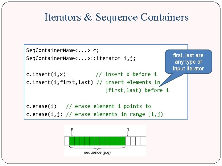 Iterators & Sequence Containers Seq. Container. Name<. . . > c; first, last are