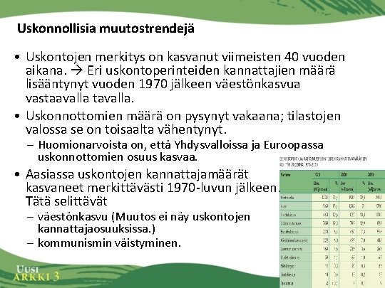 Uskonnollisia muutostrendejä • Uskontojen merkitys on kasvanut viimeisten 40 vuoden aikana. Eri uskontoperinteiden kannattajien