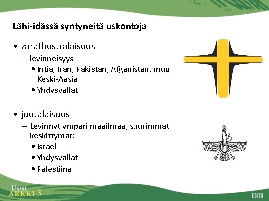 Lähi-idässä syntyneitä uskontoja • zarathustralaisuus – levinneisyys • Intia, Iran, Pakistan, Afganistan, muu Keski-Aasia