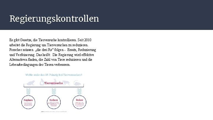Regierungskontrollen Es gibt Gesetze, die Tierversuche kontrollieren. Seit 2010 arbeitet die Regierung um Tierversuchen