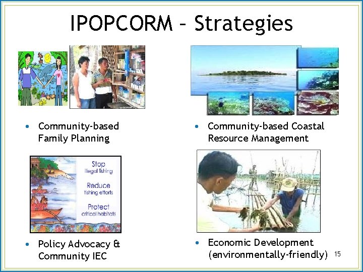 IPOPCORM – Strategies • Community-based Family Planning • Community-based Coastal Resource Management • Policy