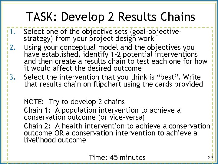 TASK: Develop 2 Results Chains 1. 2. 3. Select one of the objective sets