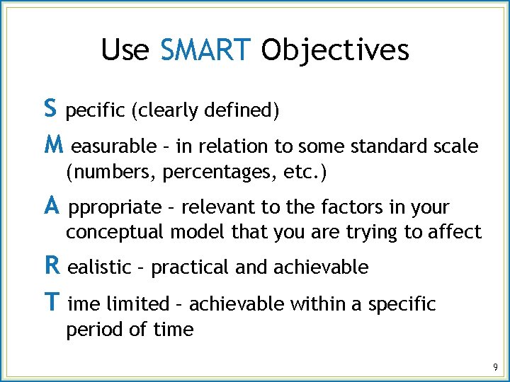 Use SMART Objectives S pecific (clearly defined) M easurable – in relation to some
