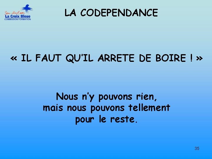 LA CODEPENDANCE « IL FAUT QU’IL ARRETE DE BOIRE ! » Nous n’y pouvons