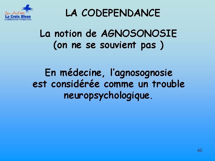 LA CODEPENDANCE La notion de AGNOSONOSIE (on ne se souvient pas ) En médecine,