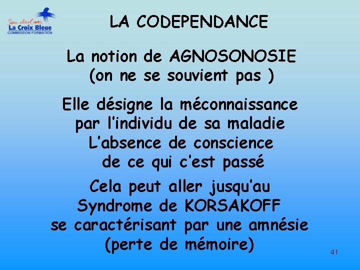 LA CODEPENDANCE La notion de AGNOSONOSIE (on ne se souvient pas ) Elle désigne